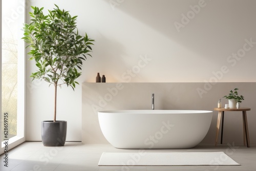 A minimalistic modern bathroom with standalone bathtub and shower  long sink and ficus plant. Interior design concept.