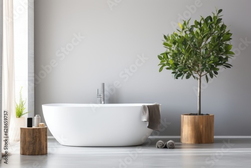 A minimalistic modern bathroom with standalone bathtub and shower, long sink and ficus plant. Interior design concept. © Luisa