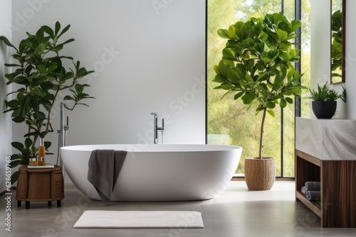 A minimalistic modern bathroom with standalone bathtub and shower  long sink and ficus plant. Interior design concept.