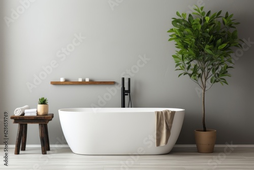 A minimalistic modern bathroom with standalone bathtub and shower  long sink and ficus plant. Interior design concept.