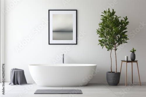 A minimalistic modern bathroom with standalone bathtub and shower  long sink and ficus plant. Interior design concept.