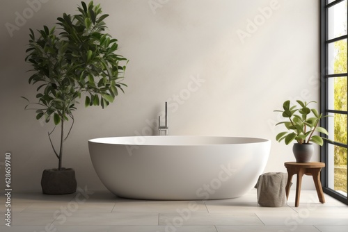 A minimalistic modern bathroom with standalone bathtub and shower  long sink and ficus plant. Interior design concept.