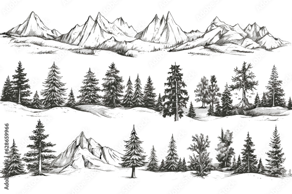 Vector sketch of forest and mountains