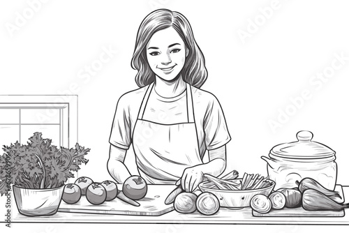 Hand drawn young woman cooking in the kitchen. Cartoon smiling character with apron. Doodle sketch style illustration. Concept of homemade food, prepare dinner on white backgorund
