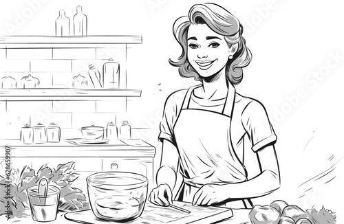 Hand drawn young woman cooking in the kitchen. Cartoon smiling character with apron. Doodle sketch style illustration. Concept of homemade food, prepare dinner on white backgorund
