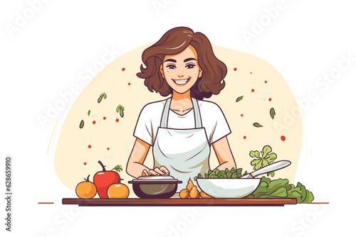 Hand drawn young woman cooking in the kitchen. Cartoon smiling character with apron. Doodle sketch style illustration. Concept of homemade food, prepare dinner on white backgorund