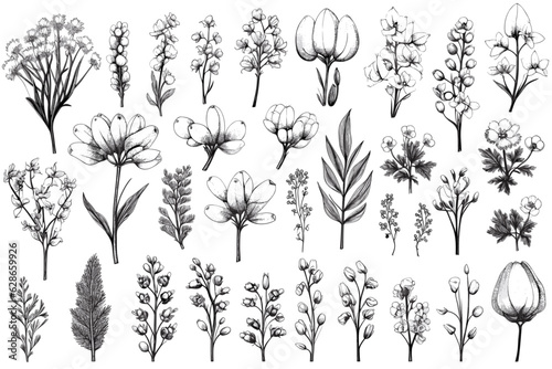 A collection of individual drawn flowers of various kinds