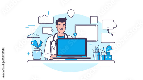 Online doctor, virtual medicine illustration. Doctor in computer screen outline doodle style. Medicine web app, online clinic, mobile pharmacy service vector illustration on white backgorund 