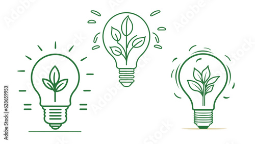 continuous single line drawing of green plant in light bulb, green energy concept line art vector illustration on white backgorund