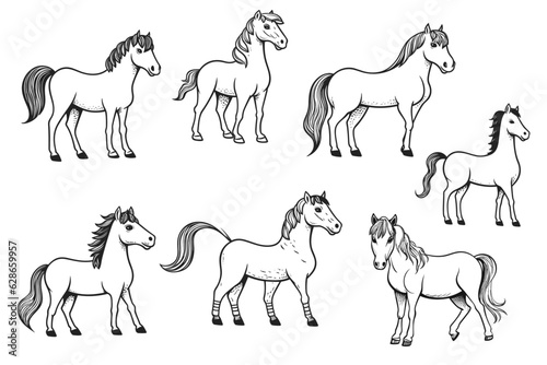 Doodle horse set. Hand drawn sketch style. Cute horse for kids, children vector illustration on white backgorund