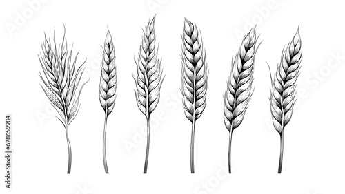 Set of wheat ears isolated. Hand drawings sketch illustration. Bakery farm food concept on white backgorund