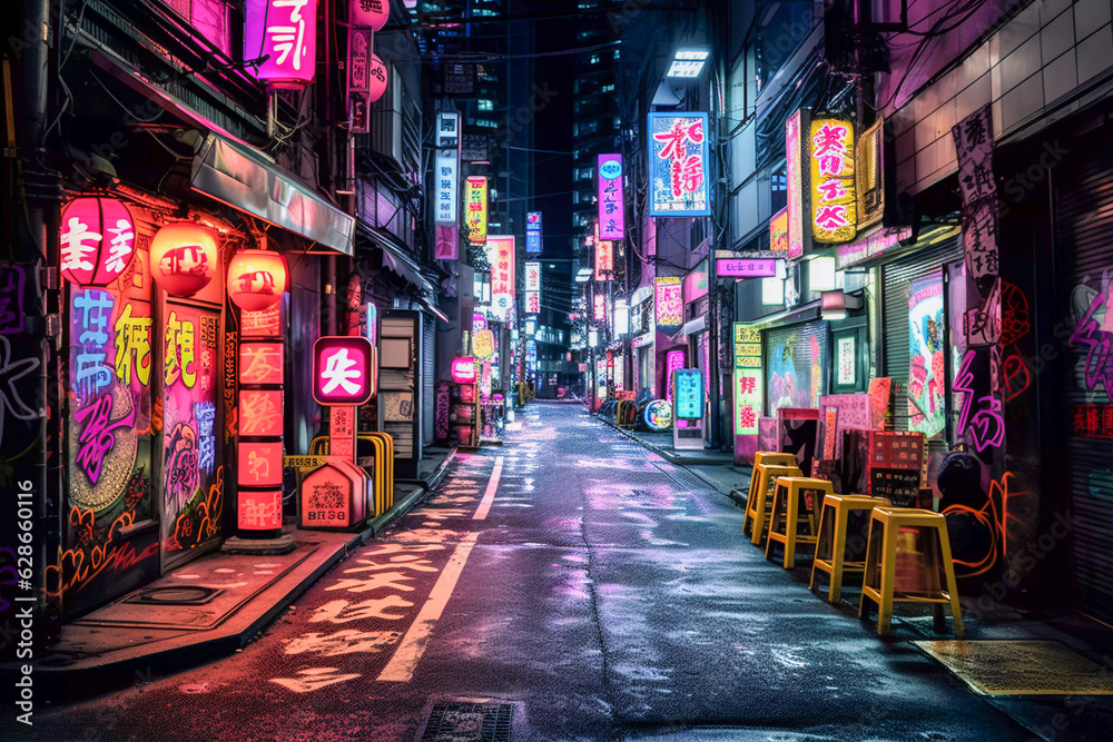 Tokyo Nightscapes: Neon Lights and Kanji Graffiti in Blacklight, Generative AI