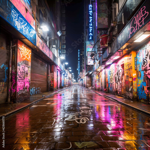 Tokyo Nightscapes: Neon Lights and Kanji Graffiti in Blacklight, Generative AI