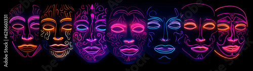 Ultra-Wide Background of Faces or Masks in Neon Glowing Outline Style on a Black Background (Generative AI)