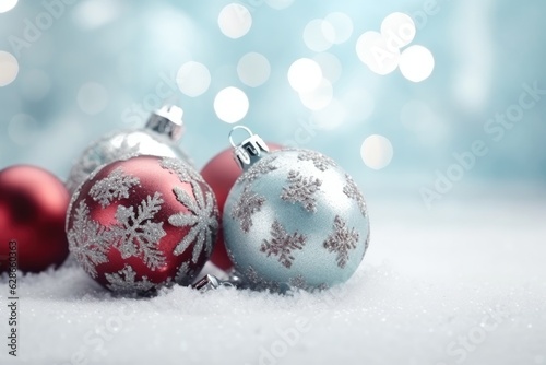Christmas decor concept with clear, red and silver balls on snowy background in forest isolated on background.