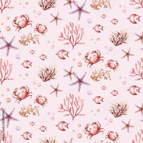 Photography Marine seamless pattern marine animals, corals, plants, seashell, starfish, octopus, seahorse, algae, turtle