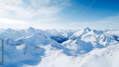 Drone view, mountain range in winter, snow-capped mountains, ridge. AI generation