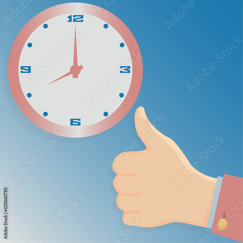 Time is 8 am and thumbs up on a blue background. The beginning of a new working day 