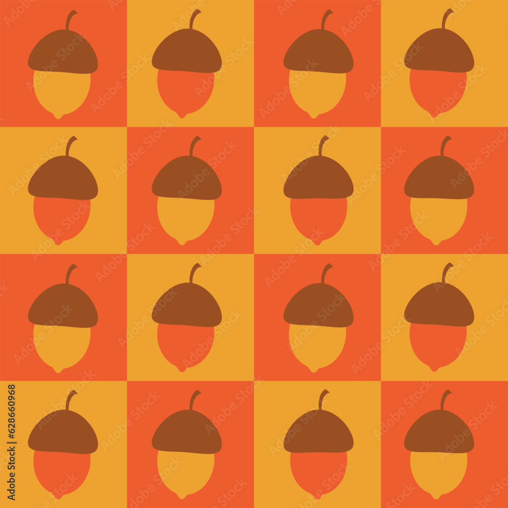 Checkered orange and mustard acorns seamless pattern . for autumn posters, fabric and textile. 