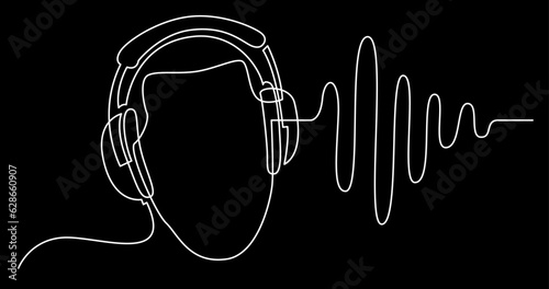 continuous line drawing vector illustration with FULLY EDITABLE STROKE of person listening music in headphones