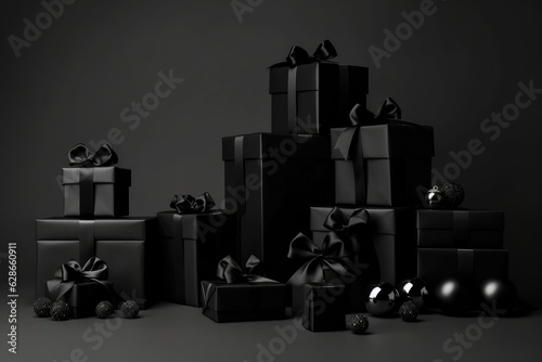 Black gift boxes on a black background.