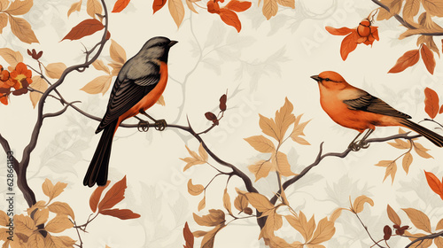 Vintage Bird Wallpaper Background with Rich Fall and Autumn Colors - In Rococo Style - Branches and Dried Leaves - Generative AI