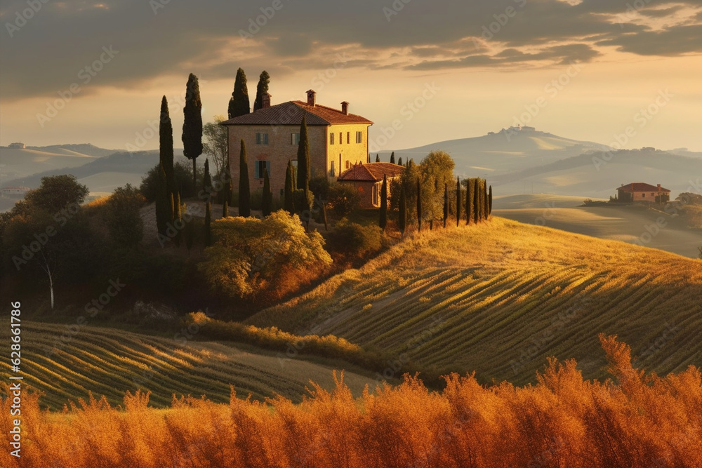 A ride through the stunning countryside of Marche with views of the rolling hills and picturesque farms Generative AI