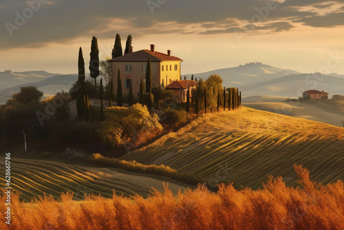 A ride through the stunning countryside of Marche with views of the rolling hills and picturesque farms Generative AI