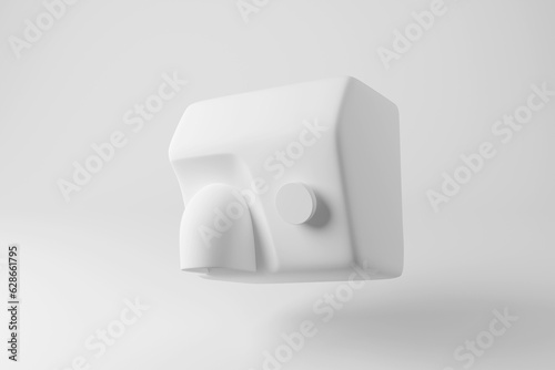 White wall mounted hand dryer floating in mid air on white background in monochrome and minimalism. Illustration of the concept of sanitary facilities of toilets photo