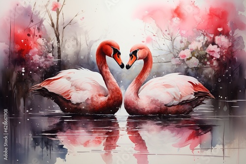 Convey your feelings of love with enchanting watercolor depiction of two swans  for a Valentine s Day card. Ai generated