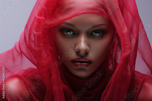 portrait of a dark-skinned woman with a red veil in the style of deconstructivism, a very tender and sensual photograph. Fashion photo.