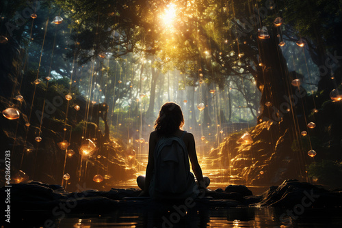 An ethereal forest scene with crystals, a woman meditating, connecting with the universe