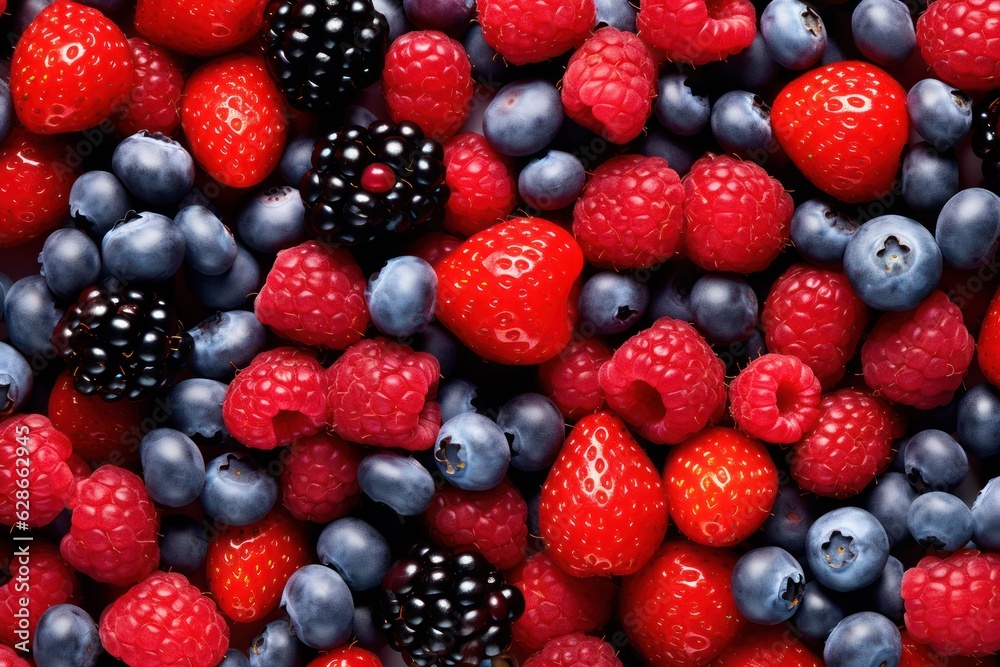 A close up of raspberries, blueberries and blackberries, created by Generative AI A close up of raspberries, blueberries and blackberries, created by Generative AI