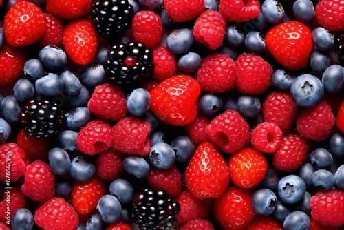 A close up of raspberries, blueberries and blackberries, created by Generative AI