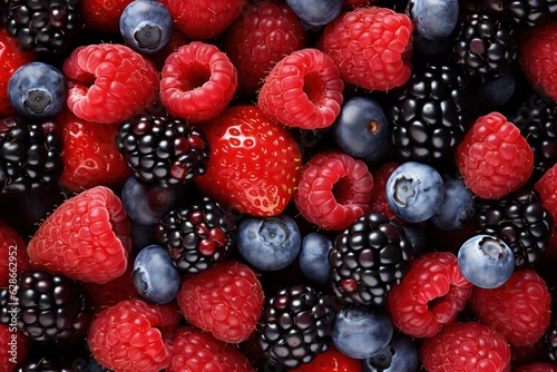 A close up of raspberries  blueberries and blackberries  created by Generative AI