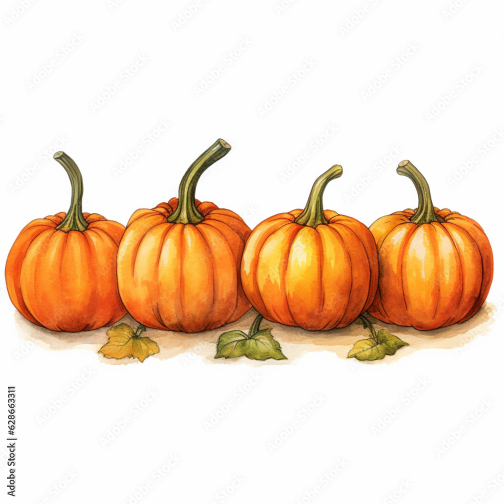 A string of five big pumpkins, horizontal, cute, watercolor style, halloween, white background A string of five big pumpkins, horizontal, cute, watercolor style, halloween, white background
