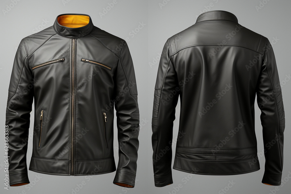 Ilustrace „Blank leather jacket mock up, front, and back view, isolated