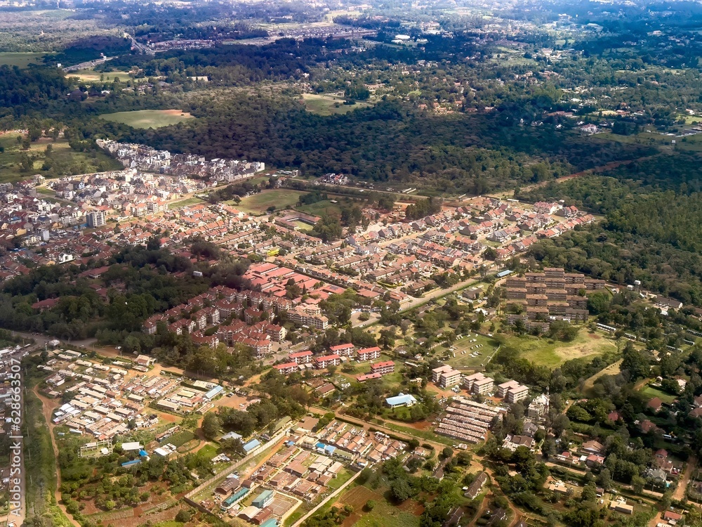 Aerial view of residential areas, garden plots, highways and buildings in south Nairobi, Kenya, Africa