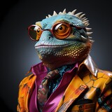 A humanoid lizard wearing a bright orange suit and sun glasses on black background