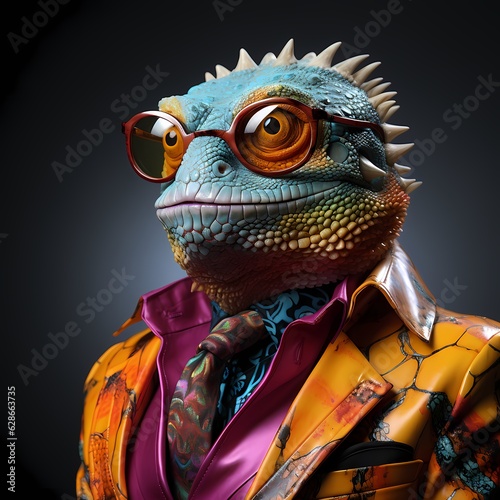 Fotografia A humanoid lizard wearing a bright orange suit and sun glasses on black backgrou