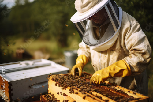 Beekeeper working collect honey. Beekeeping concept. Generated ai