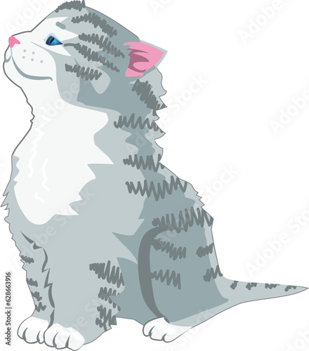 Sitting cute little grey kitten. Adorable pet. Vector illustration.