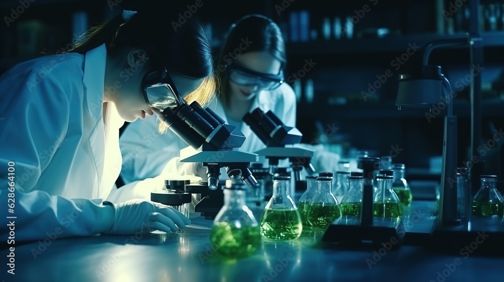 Scientist looking in microscope while working on medical research in science laboratory. Science or healthcare theme. Microbiology pharmaceutical research. Illustration for cover. Scientist looking in microscope while working on medical research in science laboratory. Science or healthcare theme. Microbiology pharmaceutical research. Illustration for cover.