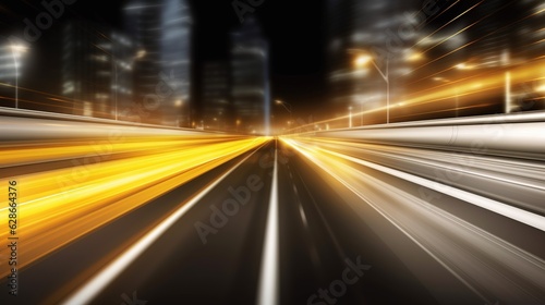 Road with light trails of passing vehicles. Motion speed light in city. Dynamic background. Town at night with speed traffic. Illustration for banner, poster, cover or presentation.