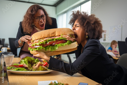 Tableau sur toile Juggling Sandwich and Spreadsheets - Woman's Humorous Work-Lunch Balance