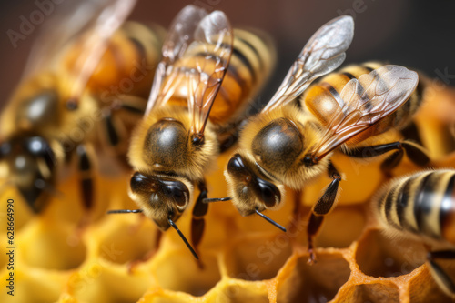 closeup of bees on honeycomb in apiary - selective focus, generated ai.