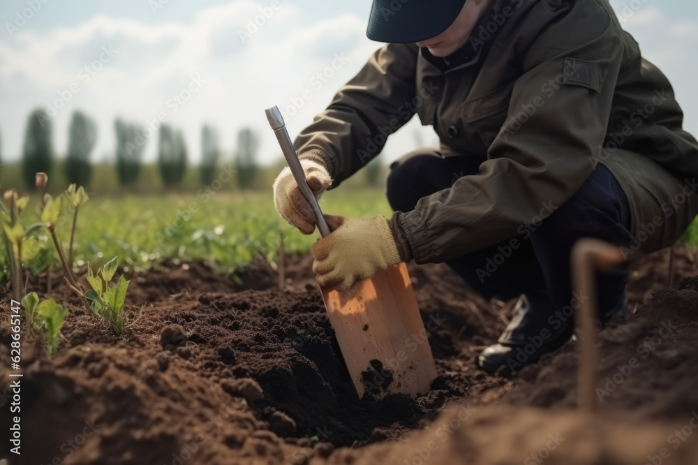Soil Test. Agronomist putting soil with garden shovel in soil sample bag outdoor - obrazy, fototapety, plakaty 