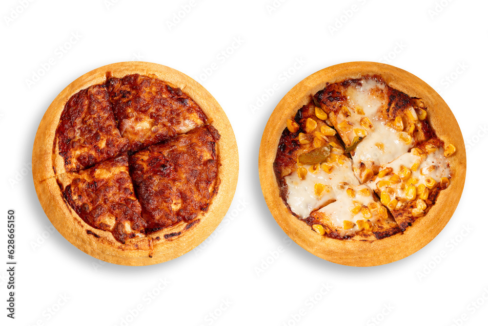 Two different pizza isolated on white background. top view
