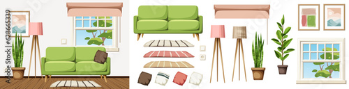 Cozy living room interior with a green sofa, a floor lamp, and a sansevieria plant (snake plant). Furniture set. Interior constructor. Cartoon vector illustration