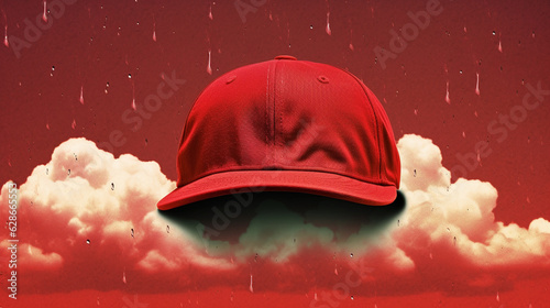 Red MAGA GOP Style Hat in Vintage Collage Style with Storm Clouds and Rain in the Background - Political Concept - Generative AI